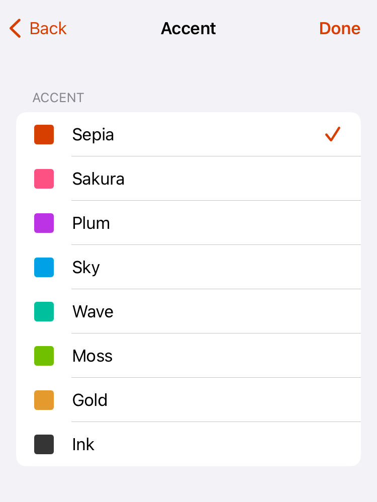 A screenshot of the iPhone app accent color picker.