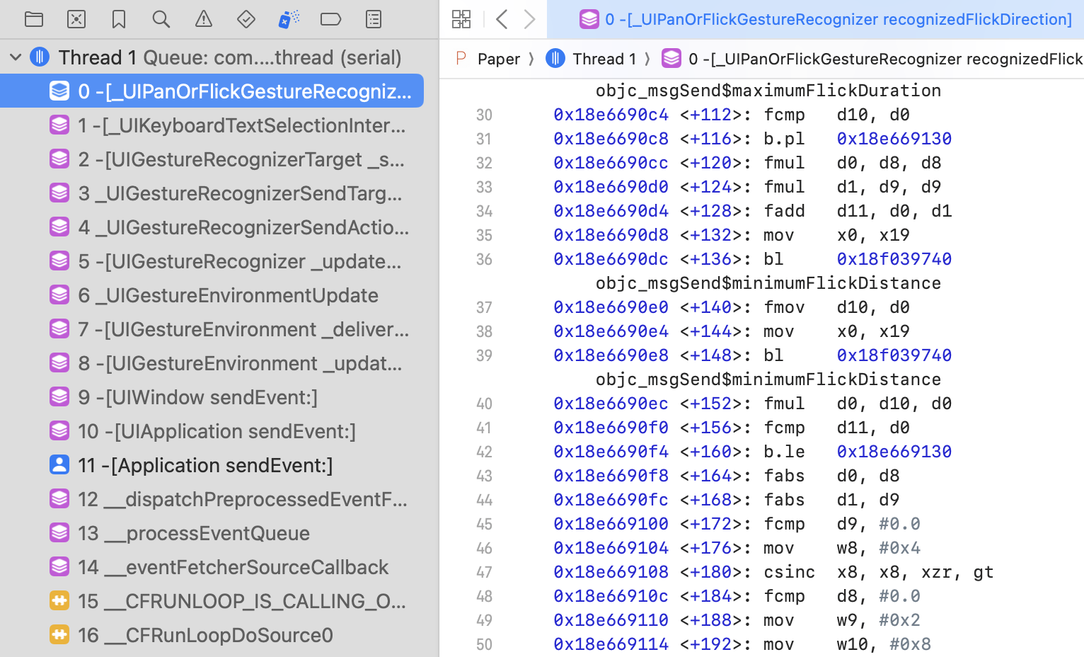 A call stack in Xcode on the left. One frame is selected. The right pane shows the machine code of the selected frame.