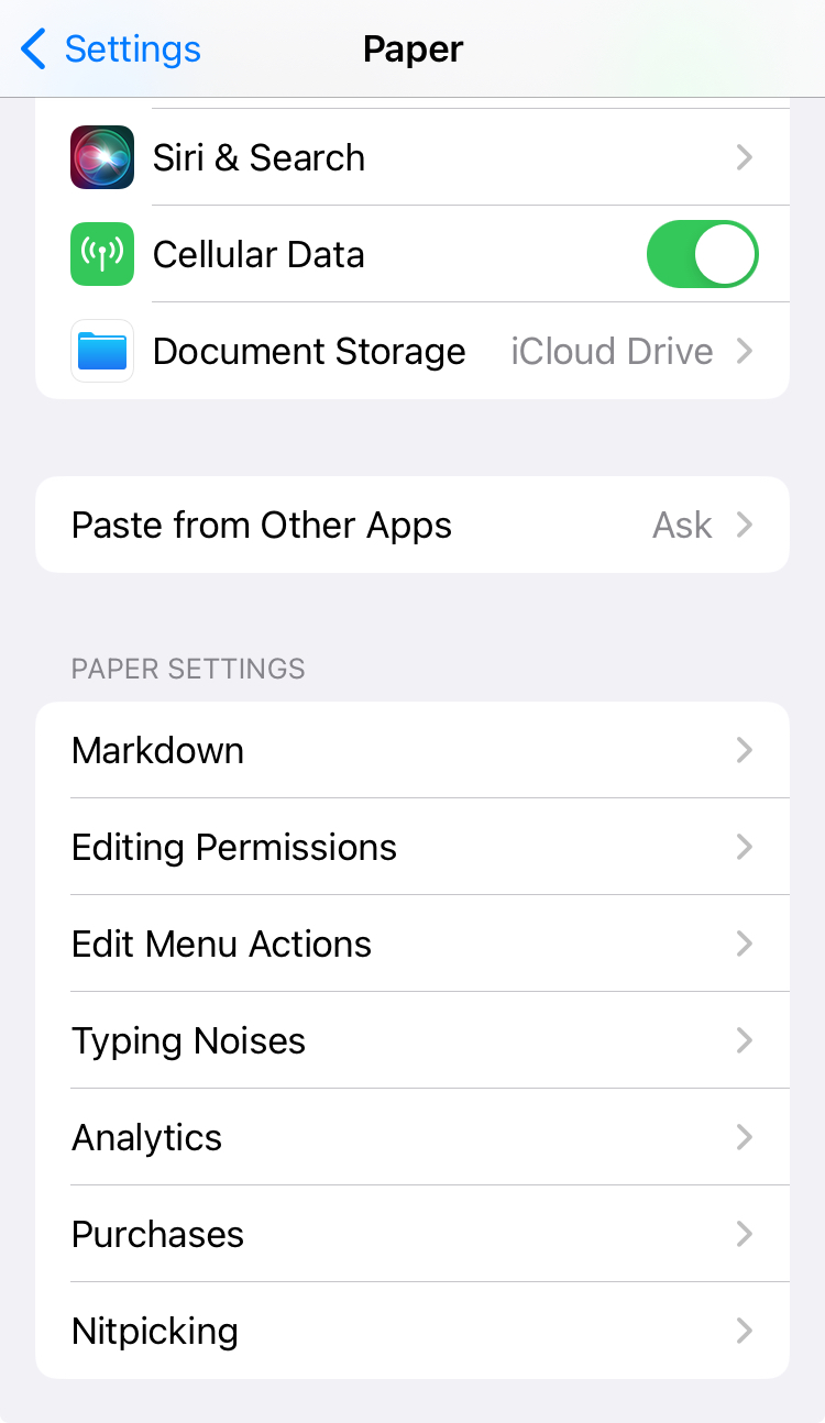 A screenshot of Paper settings inside the iPhone Settings app. These setting groups are visible: Markdown, Editing Permissions, Edit Menu Actions, Typing Noises, Analytics, Purchases, and Nitpicking.